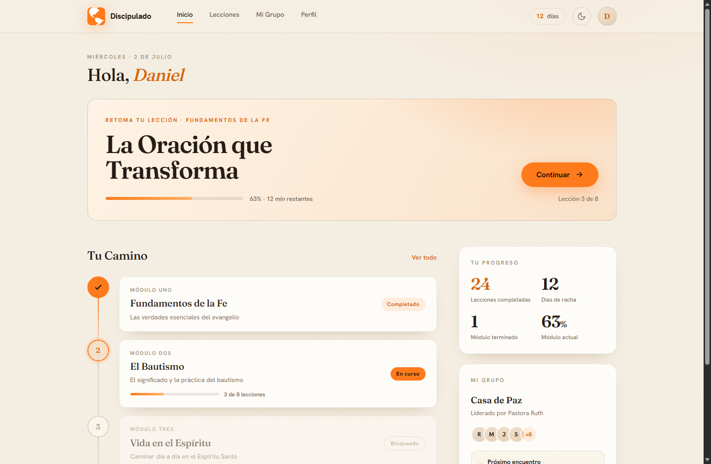 The Edificadores de Naciones dashboard — warm cream interface in their own orange brand, showing a member's camino of modules, lesson progress, streak stats, and their group Casa de Paz